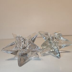 2 Vintage clear glass 9 pointed star candle holders with minor cracks